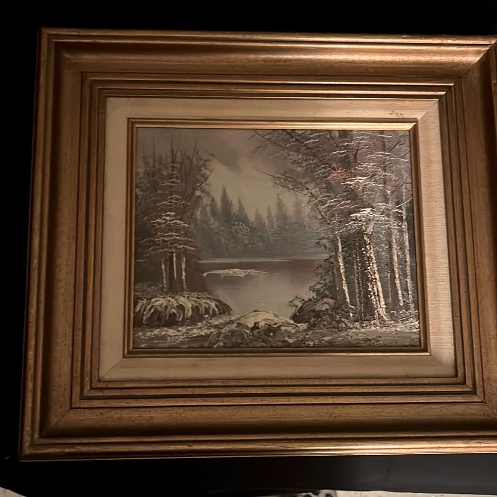 ANTONIO Original OIL PAINTING -vintage Canvas-Mountain-River atom golden framed